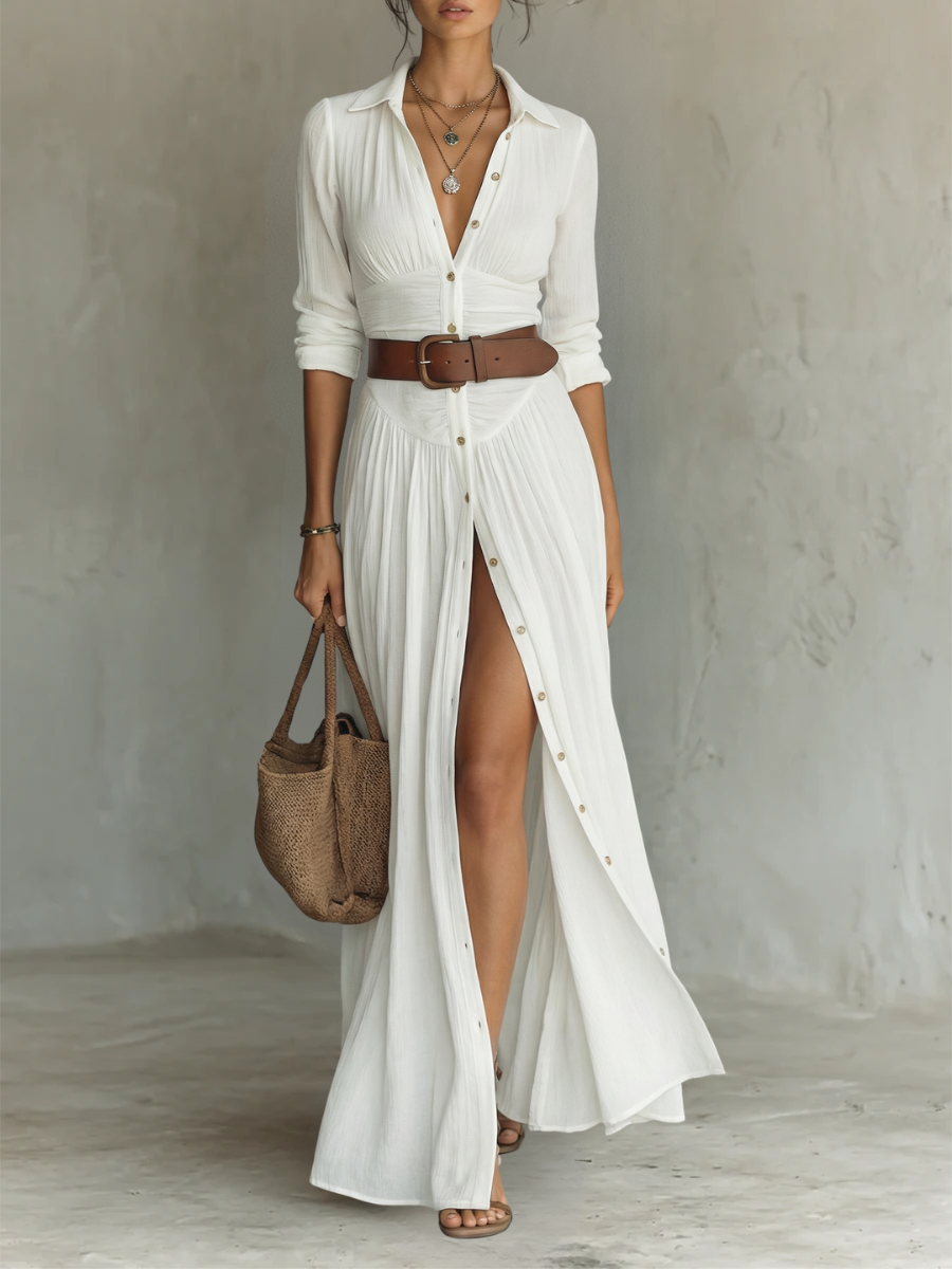 Boho Linen Maxi Shirt Dress with Button Front and Long Sleeves