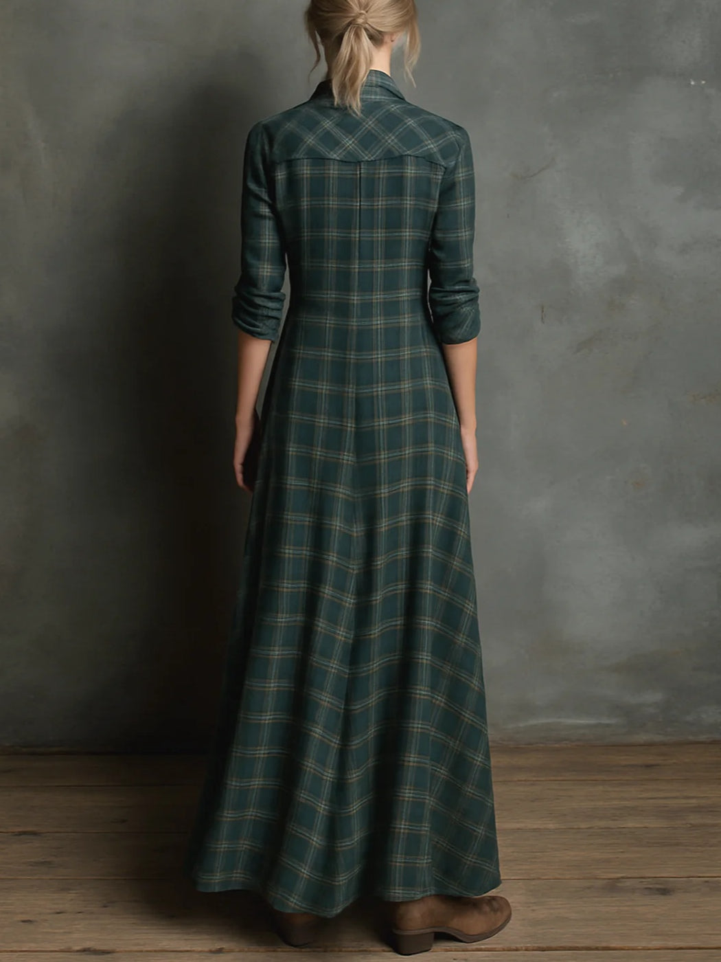 Boho Plaid Maxi Shirt Dress with Long Sleeves and Chest Pockets
