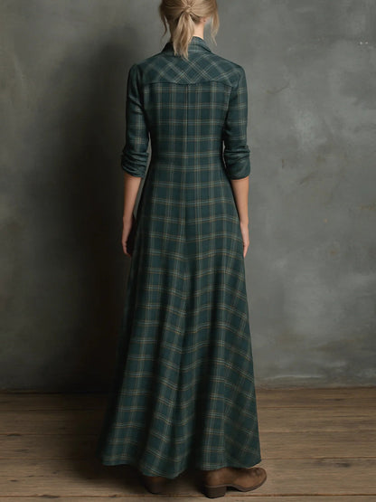 Boho Plaid Maxi Shirt Dress with Long Sleeves and Chest Pockets