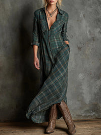 Boho Plaid Maxi Shirt Dress with Long Sleeves and Chest Pockets