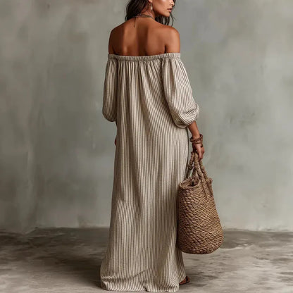 Boho Striped Maxi Dress with Off Shoulder Neckline and Puff Sleeves