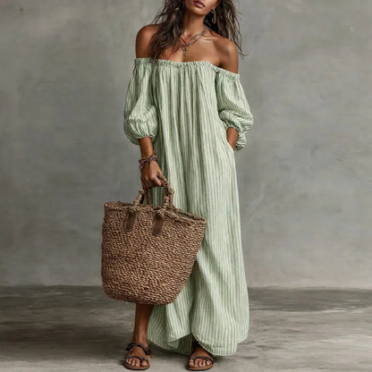 Boho Striped Maxi Dress with Off Shoulder Neckline and Puff Sleeves