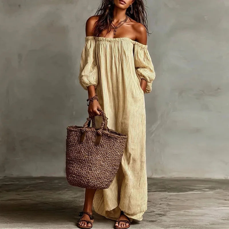 Boho Striped Maxi Dress with Off Shoulder Neckline and Puff Sleeves