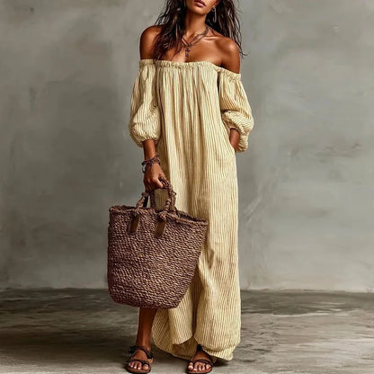Boho Striped Maxi Dress with Off Shoulder Neckline and Puff Sleeves