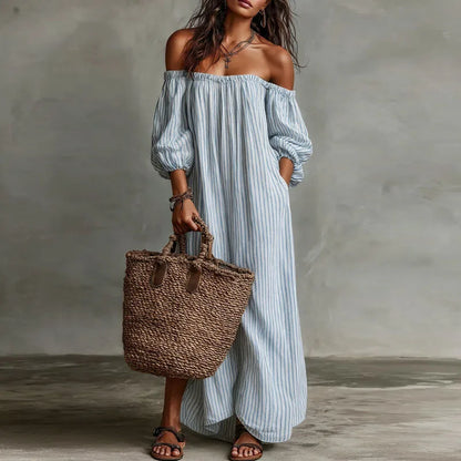 Boho Striped Maxi Dress with Off Shoulder Neckline and Puff Sleeves