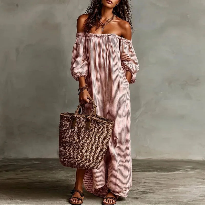 Boho Striped Maxi Dress with Off Shoulder Neckline and Puff Sleeves