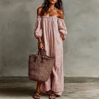 Boho Striped Maxi Dress with Off Shoulder Neckline and Puff Sleeves