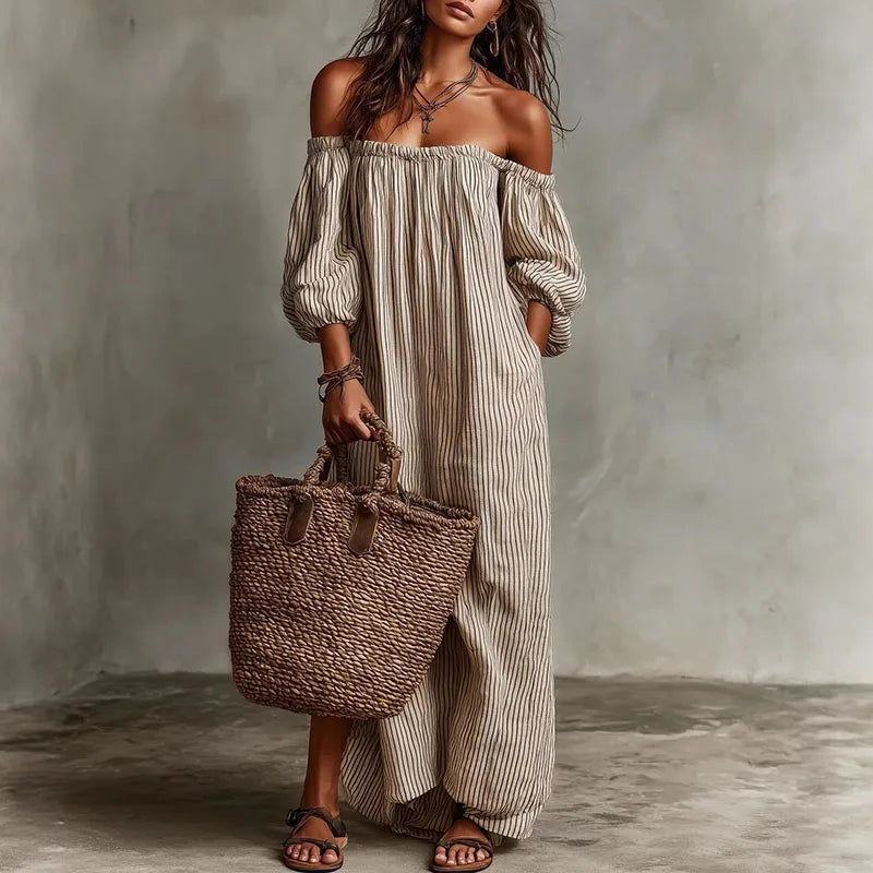 Boho Striped Maxi Dress with Off Shoulder Neckline and Puff Sleeves