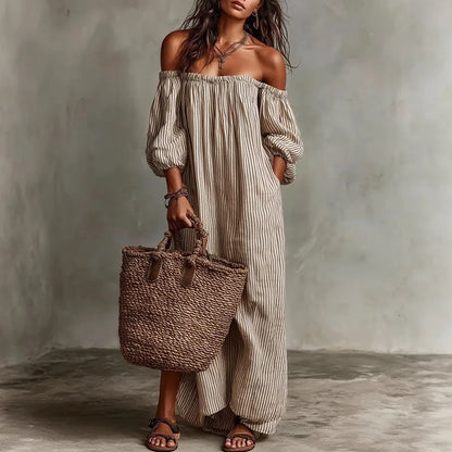 Boho Striped Maxi Dress with Off Shoulder Neckline and Puff Sleeves