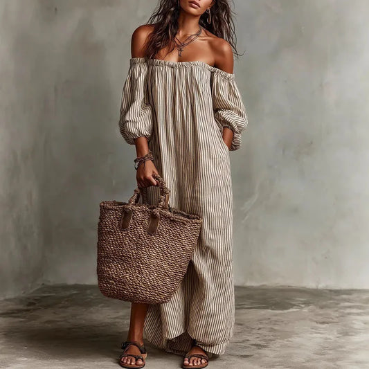 Boho Striped Maxi Dress with Off Shoulder Neckline and Puff Sleeves