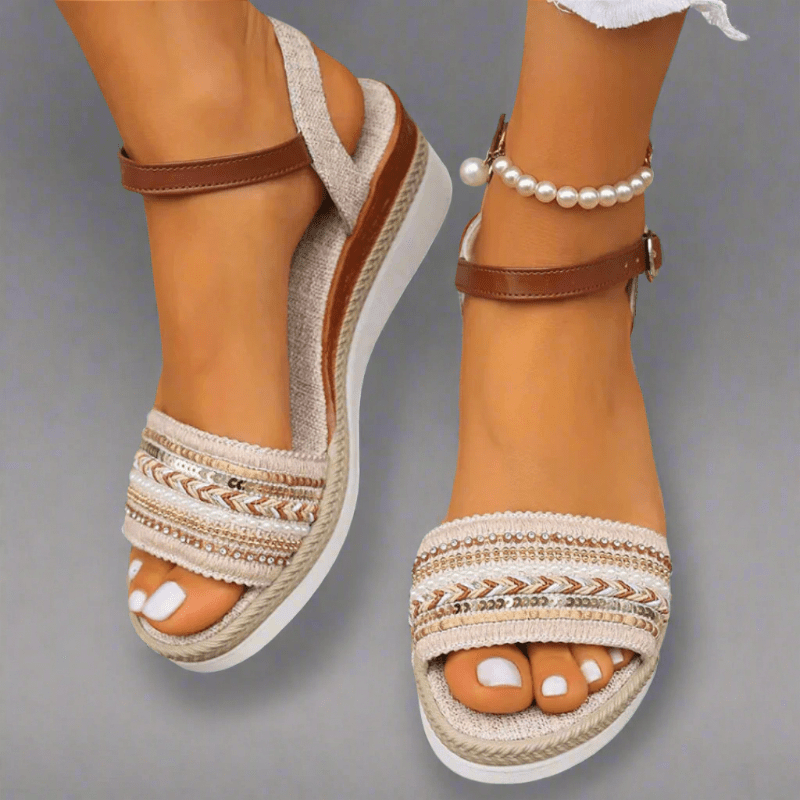 Boho Wedge Sandals with Embellished Toe Strap and Ankle Buckle
