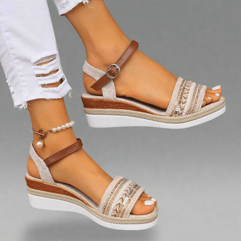 Boho Wedge Sandals with Embellished Toe Strap and Ankle Buckle