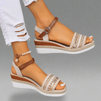 Boho Wedge Sandals with Embellished Toe Strap and Ankle Buckle