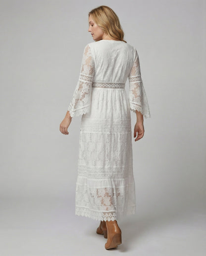 Boho White Lace Maxi Dress with Gold Detail and Bell Sleeves