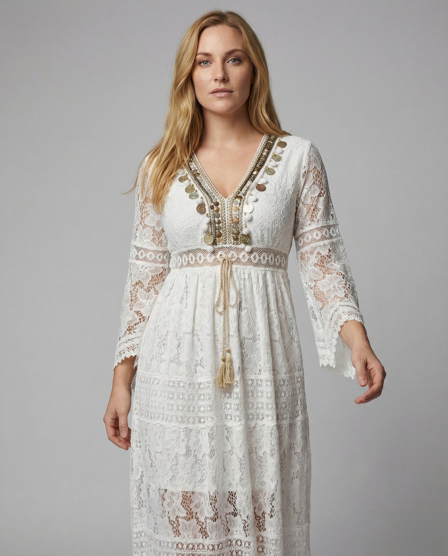 Boho White Lace Maxi Dress with Gold Detail and Bell Sleeves
