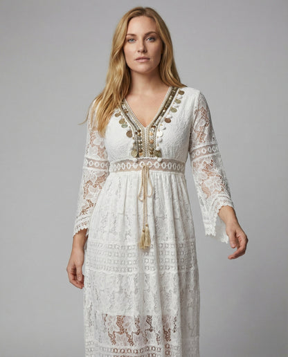 Boho White Lace Maxi Dress with Gold Detail and Bell Sleeves