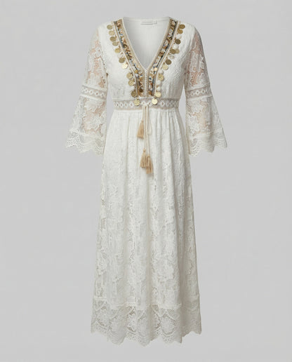 Boho White Lace Maxi Dress with Gold Detail and Bell Sleeves