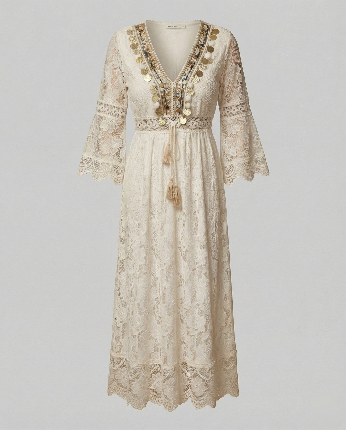 Boho White Lace Maxi Dress with Gold Detail and Bell Sleeves