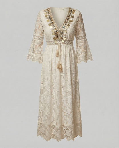 Boho White Lace Maxi Dress with Gold Detail and Bell Sleeves