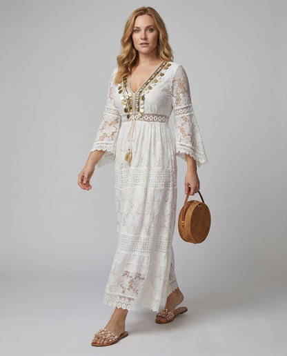 Boho White Lace Maxi Dress with Gold Detail and Bell Sleeves