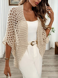 Breezy Beige Open Knit Cardigan with Wide Sleeves and Scalloped Hem