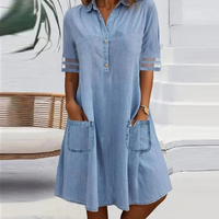 Breezy Denim Blue Shirt Dress with Mesh Sleeve Detail and Front Pockets