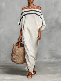Breezy Off-Shoulder Linen Maxi Dress with Contrast Stripe Detail