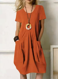Breezy Short Sleeve Midi Dress with Gathered Skirt and Patch Pockets