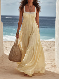 Breezy Yellow Tiered Maxi Dress with Lace Strap Detail
