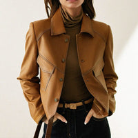 Brown Cropped Leather Jacket with Contrast Topstitching