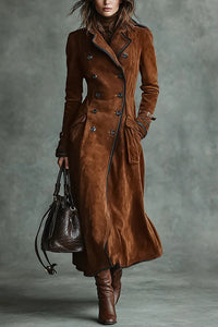 Brown Double Breasted Suede Trench Coat with Dark Trim