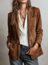 Brown Fitted Suede Blazer with Chest Pocket and Button Detail