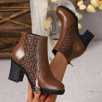 Brown Leather Ankle Boots with Crocodile Print Panel and Block Heel