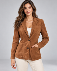 Brown Suede Blazer with Patch Pockets and Fitted Waist