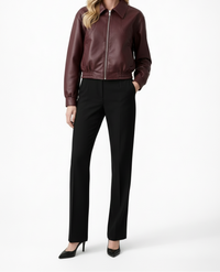 Burgundy Cropped Leather Bomber Jacket with Collar and Elasticated Hem