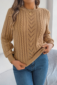 Cable Knit Sweater with Chevron Pointelle Detail and Crew Neck