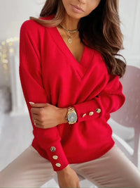 Cashmere-Feel V-Neck Sweater with Gold Button Cuffs
