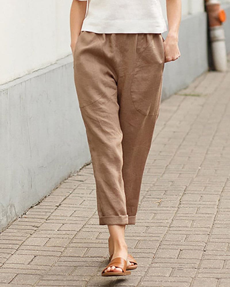 Casual Cropped Linen Trousers with Rolled Hem Detail