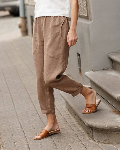 Casual Cropped Linen Trousers with Rolled Hem Detail