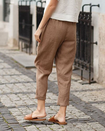 Casual Cropped Linen Trousers with Rolled Hem Detail