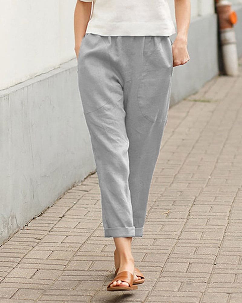 Casual Cropped Linen Trousers with Rolled Hem Detail