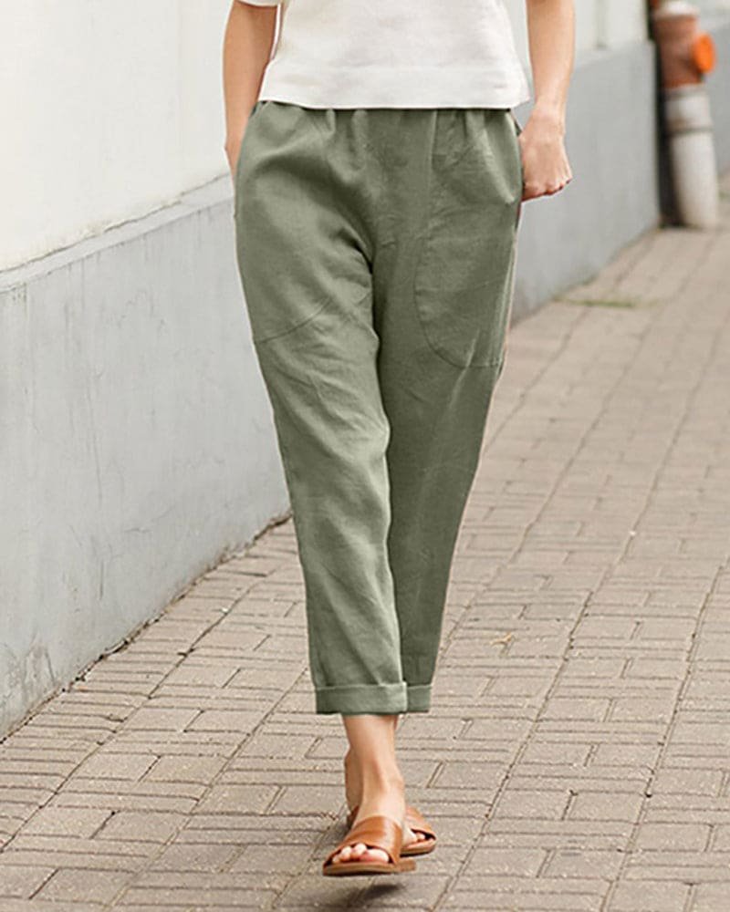 Casual Cropped Linen Trousers with Rolled Hem Detail