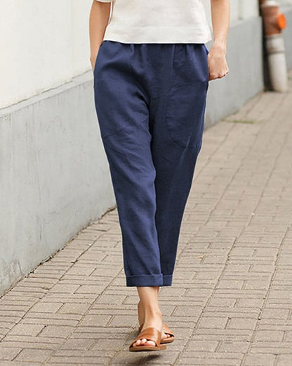 Casual Cropped Linen Trousers with Rolled Hem Detail
