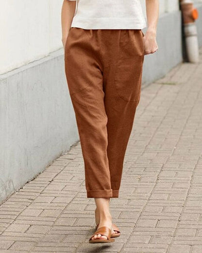 Casual Cropped Linen Trousers with Rolled Hem Detail