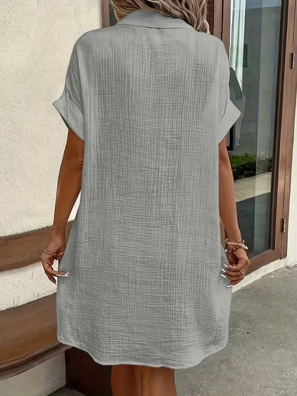 Casual Linen Shirt Dress with Button Front and Patch Pockets