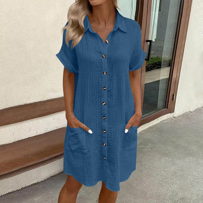 Casual Linen Shirt Dress with Button Front and Patch Pockets