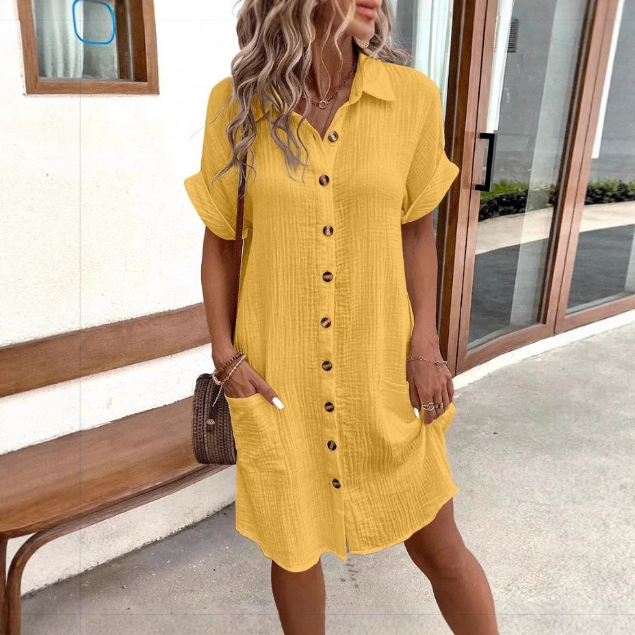 Casual Linen Shirt Dress with Button Front and Patch Pockets
