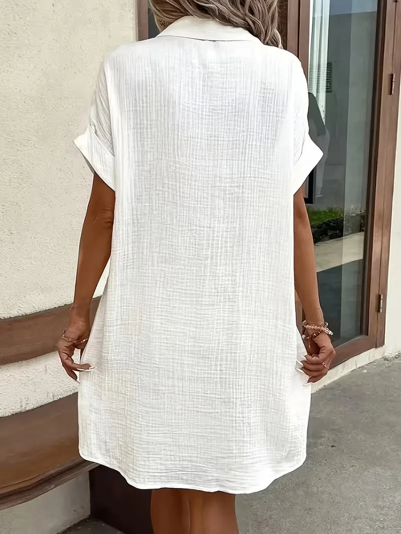 Casual Linen Shirt Dress with Button Front and Patch Pockets