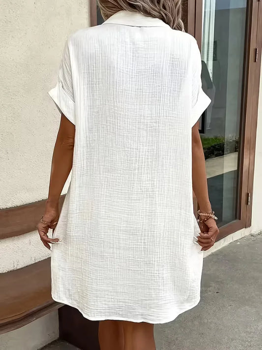 Casual Linen Shirt Dress with Button Front and Patch Pockets