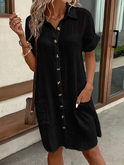 Casual Linen Shirt Dress with Button Front and Patch Pockets